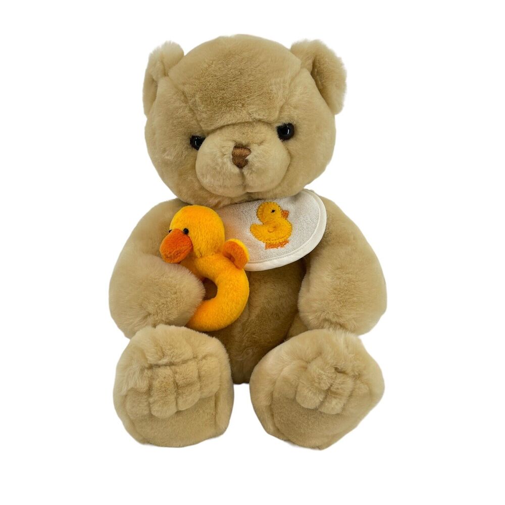 FAO Schwarz 12 in Teddy Bear Duck Bib & Rattle New Baby Stuffed Animal Plush